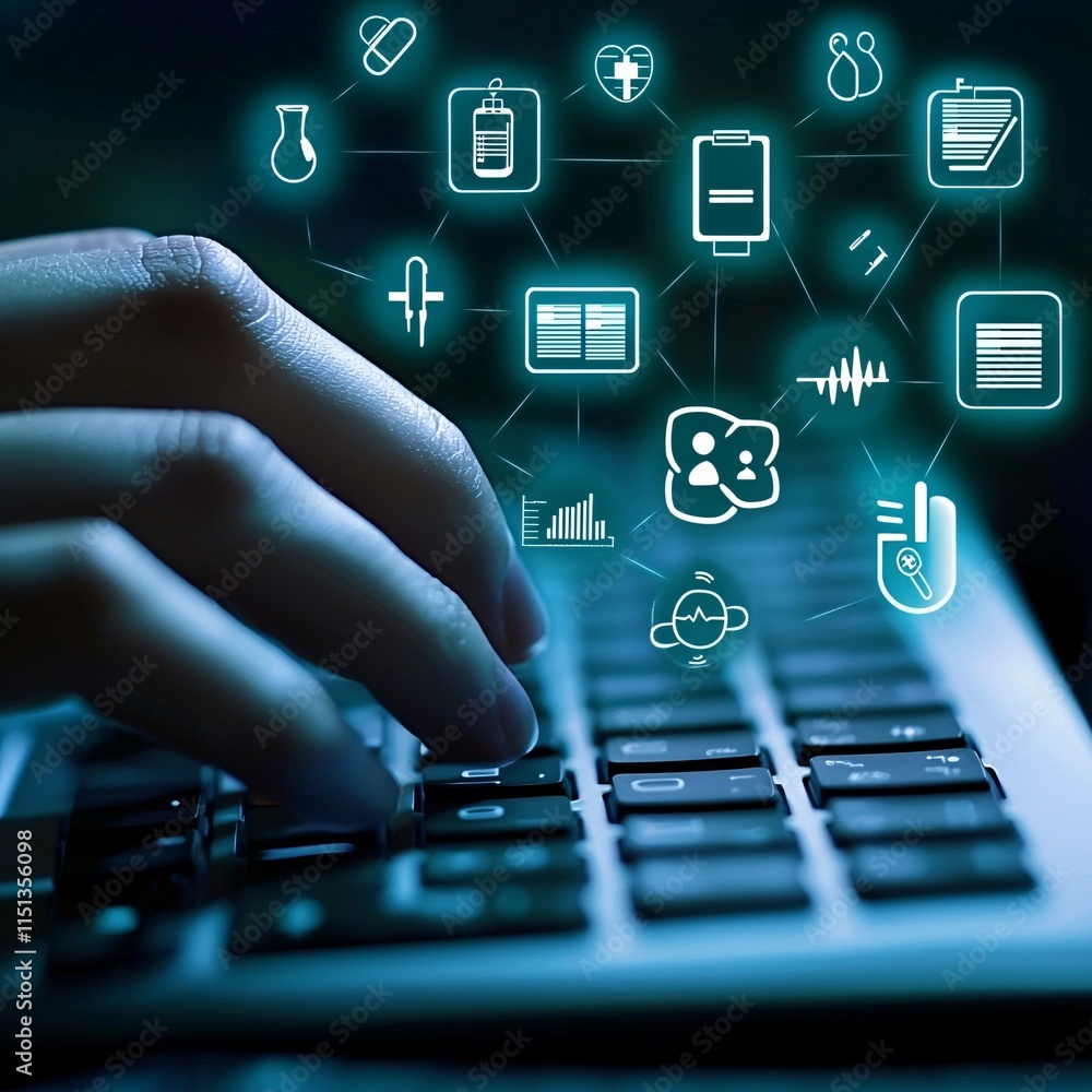 Poster a close-up of a hand typing on a keyboard with holographic medical icons representing digital data t