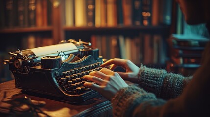 person typing on a vintage typewriter in a cozy library