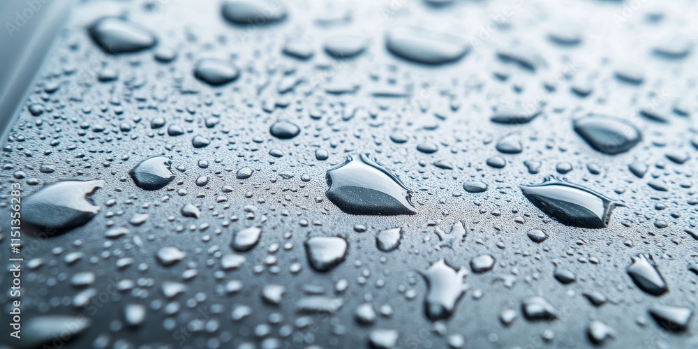 Poster closeup view of water droplets trickling down a window pane, capturing the intricate patterns of dro