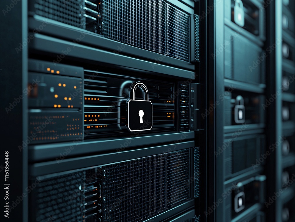 Poster a server rack with padlock icons symbolizing data security in healthcare it infrastructure