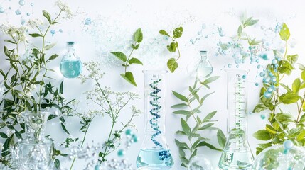 Innovative Botanical Laboratory with DNA Helix in Glassware Surrounded by Greenery and Molecular Structures