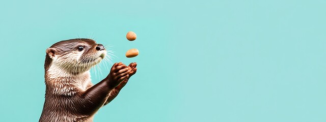 Fototapeta premium Playful Otter Juggling Treats Against Teal Background.