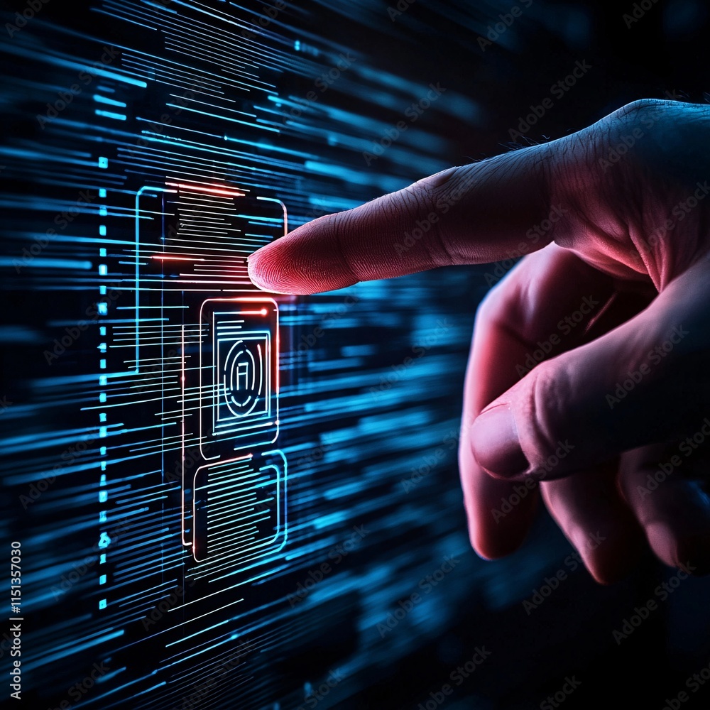 Poster a high-tech laboratory using biometric technology for health data security, intricate interfaces wit