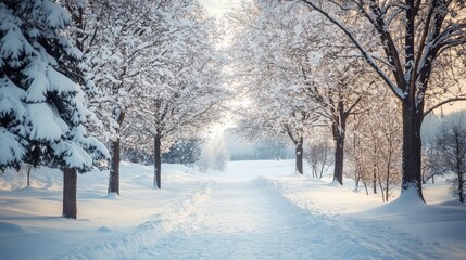 Obraz premium Snow covered trees create a stunning scene in a winter park, showcasing the beauty of trees in the snow. This enchanting winter landscape highlights the allure of trees in the snow.
