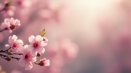 Close-up of blooming pink cherry blossoms on a soft blurred background with warm light. Spring floral nature with copy space