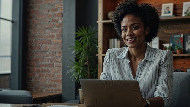 Confident young manager smiling and working on laptop in modern office, enjoying her productive workday