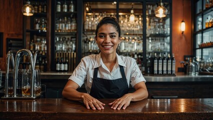 Fototapeta premium Young smiling bartender posing in a bar with alcohol shelves in the background