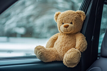 Adorable teddy bear sitting on car dashboard with snowy winter background