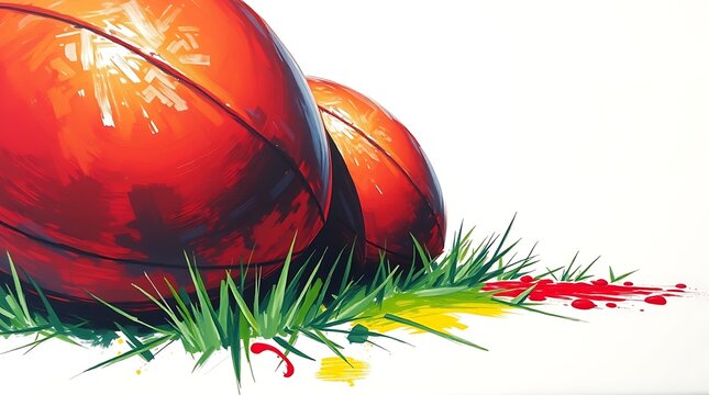 Australian rules football illustration, red leather sherrin style balls on green grass, artistic afl sports painting