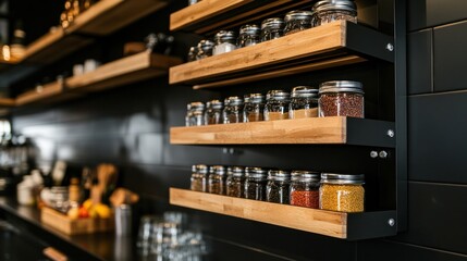 Wooden spice rack with glass jars on black wall.