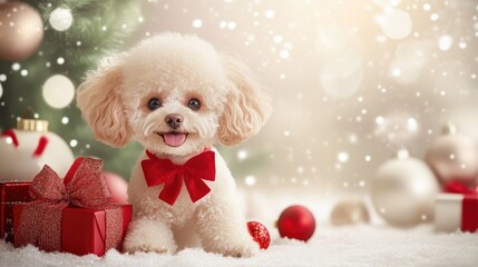 Christmas Poodle: A fluffy white poodle puppy with a red bow sits amidst festive decorations, a perfect capture of holiday cheer. 