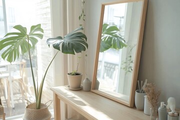 Minimalist and Serene Stylist s Office with Wooden Desk Leaning Mirror and Lush Monstera Plant