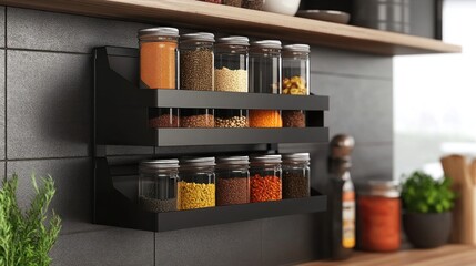 Modern black spice rack with glass jars filled with various spices.