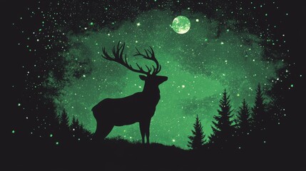 Illustration of deer silhouette on dark green background with stars