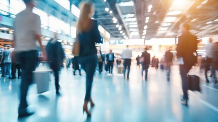 Blurred Motion of People Walking in a Busy Modern Airport Terminal with Bright Lights and Dynamic Atmosphere