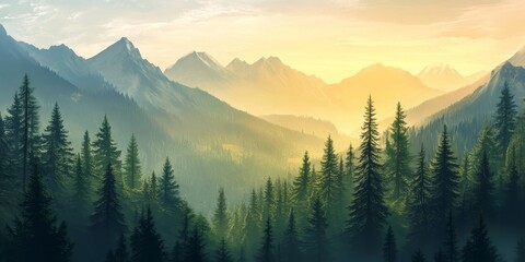 Obraz premium Beautiful and delightful design showcasing a breathtaking forest scenery nestled in the mountains, perfect as a wallpaper. Ideal for those who love natures charm.