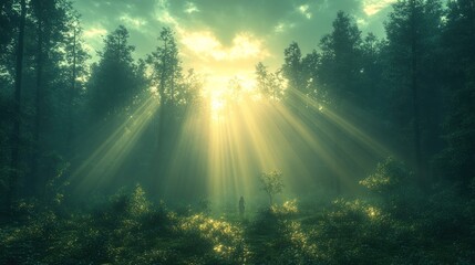Obraz premium Sunbeams illuminate misty forest, lone figure stands.