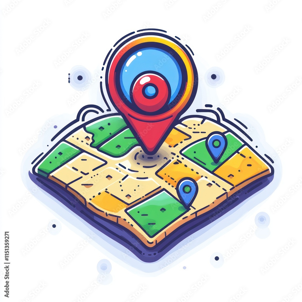 Poster isometric map with location pin.