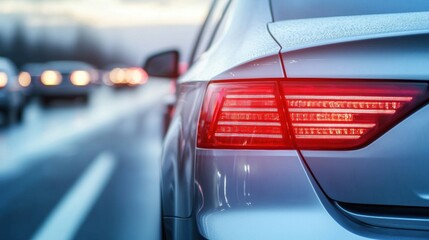 Fototapeta premium Close-Up of Car Tail Light on Busy Highway During Evening Rush Hour with Blurred Traffic and Headlights in the Background