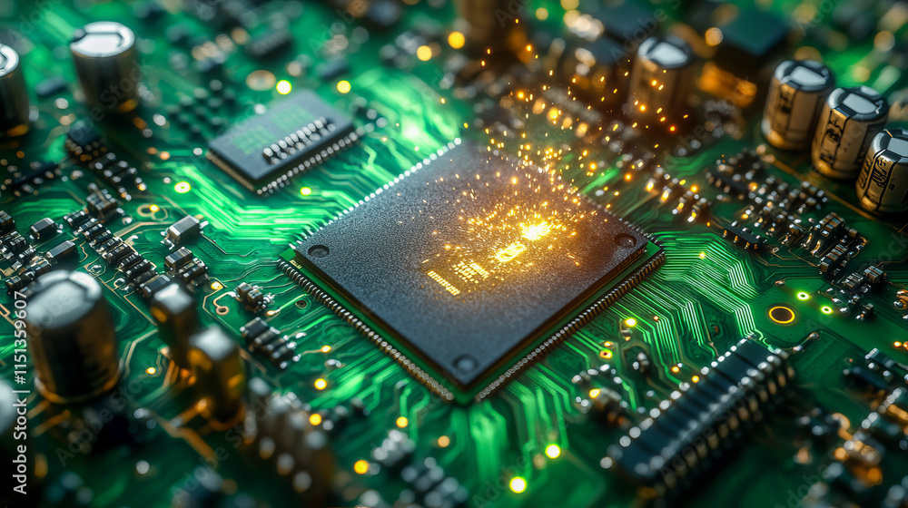 Poster close-up of glowing microchip on circuit board