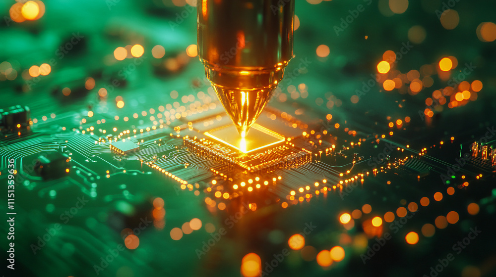 Poster close-up of microchip manufacturing process with glowing circuitry