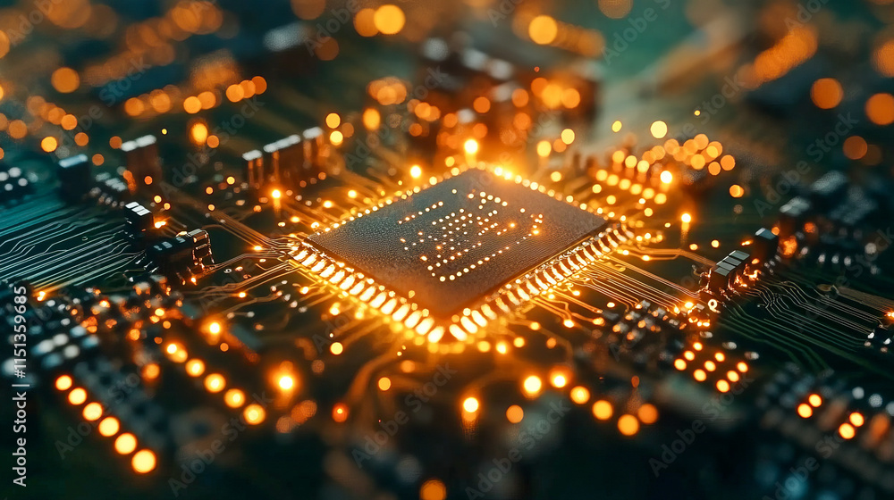 Poster glowing microchip circuit board with illuminated energy pathways