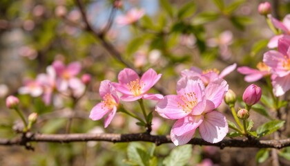 Delicate pink flowers blooming with serene vibe in a sunny garden
