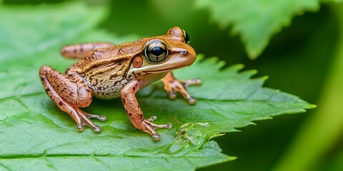 Obraz premium Young common frog, also known as a baby toad, perched on a vibrant green leaf, illustrates how frogs contribute to controlling the balance of the natural environment by eating insects.