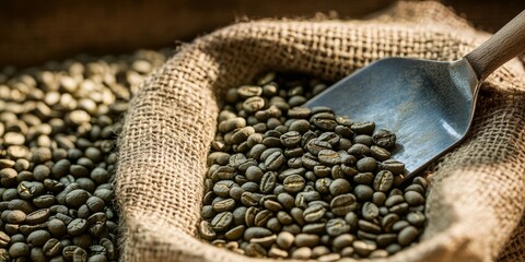 Close up of green raw coffee beans resting in a bag, accompanied by a spatula, highlights the coffee industry and its production process essential for roasting green raw coffee beans.
