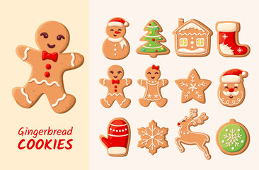 Christmas gingerbread decorated cookies. Christmas tree, snowflakes, gifts. Winter holidays.