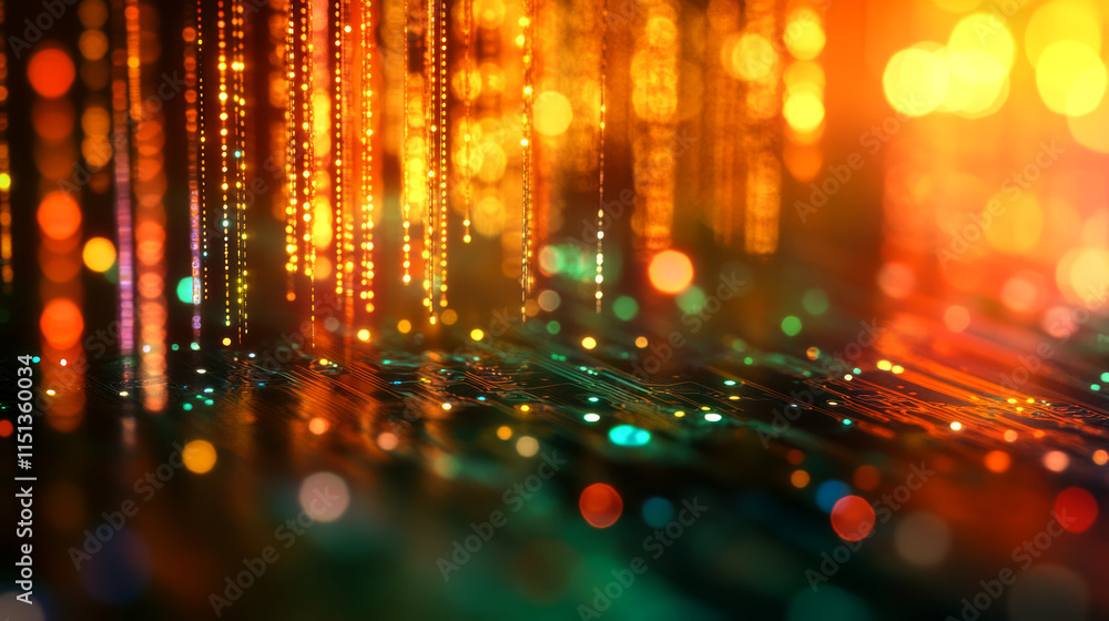 Poster vibrant digital matrix abstract with glowing patterns and bokeh effects
