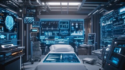 A futuristic hospital room with advanced patient monitoring systems, health data displayed on holographic screens
