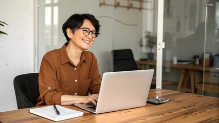 businesswoman working on laptop Professional Woman Smiling While Working Remotely on a Laptop in Modern Office