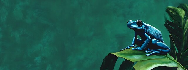 Vibrant blue frog perched on a leaf in a lush green jungle environment.
