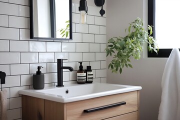 Fototapeta premium Compact Bathroom with Textured Tiles and Wooden Vanity Featuring Matte Black Fixtures and Fresh