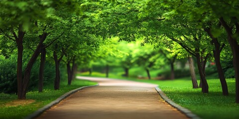 Obraz premium Pathways meander through green trees in the park, creating a serene atmosphere, while a blurred pattern background enhances the focus on the inviting pathways and vibrant green trees.