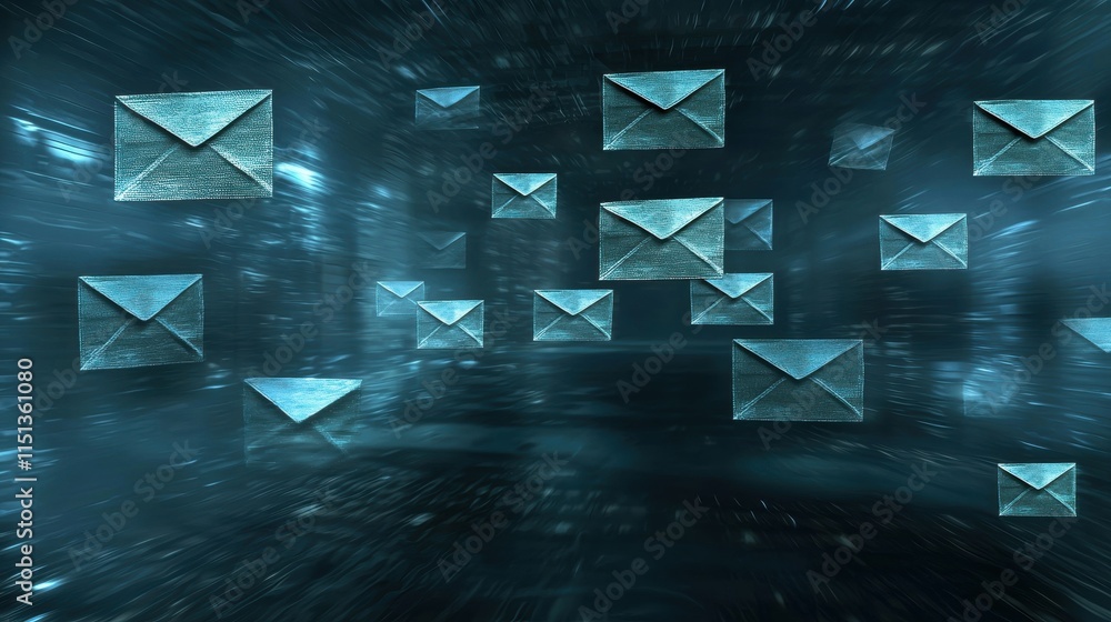 Poster futuristic digital communication concept with floating email icons in a virtual space
