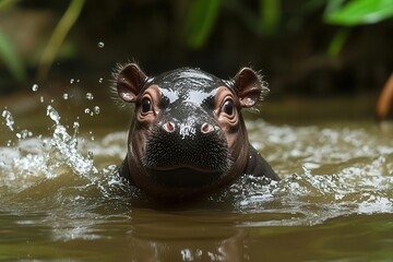 Fototapeta premium adorable baby hippopotamus playfully splashing in a tranquil water setting, surrounded by lush green vegetation, exuding charm and innocence in a natural habitat