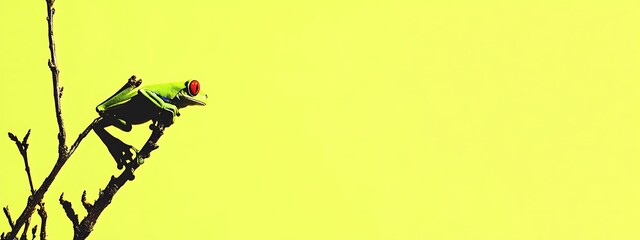 Red-eyed tree frog on branch against bright yellow background.