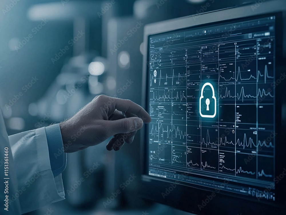 Aufkleber a computer screen displaying encrypted health data with a padlock icon representing security in the 
