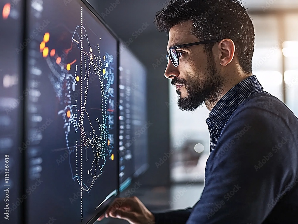 Poster a technician analyzing health data on multiple monitors in a high-tech control center