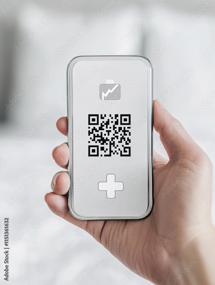 Poster a hand holding a medical id card with qr code and secure access symbols overlaying the image