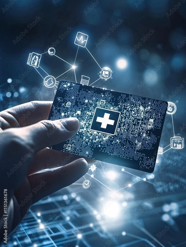 Poster a hand holding a medical id card with qr code and secure access symbols overlaying the image
