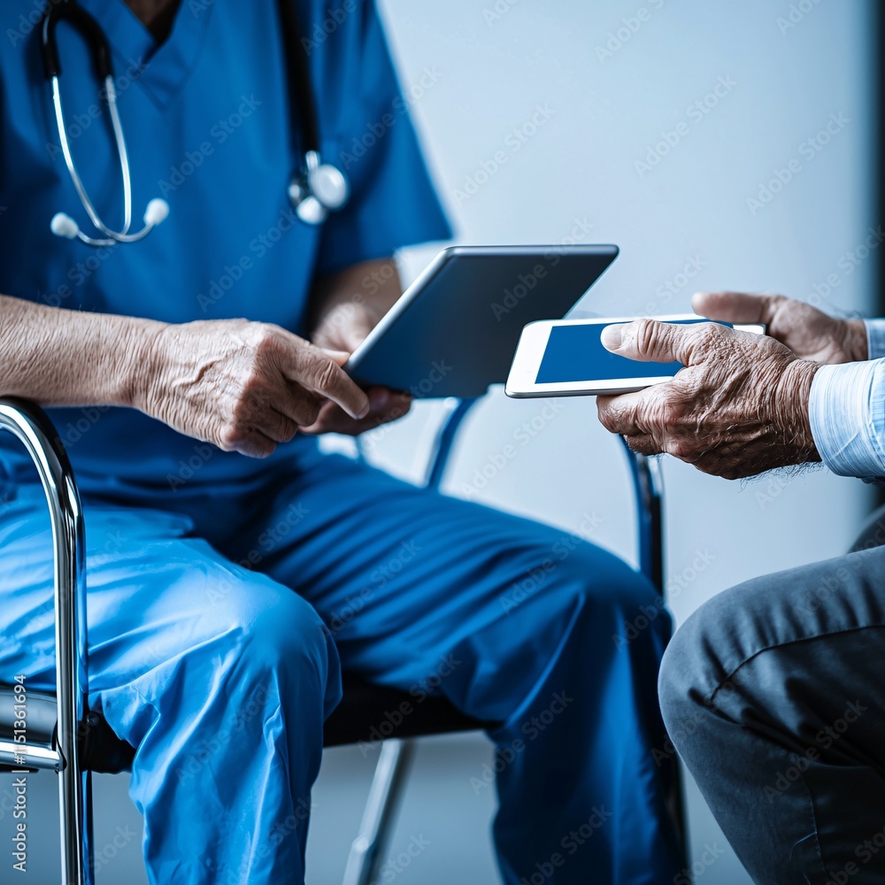 Poster a healthcare worker sharing digital health records with a patient through a secure tablet interface