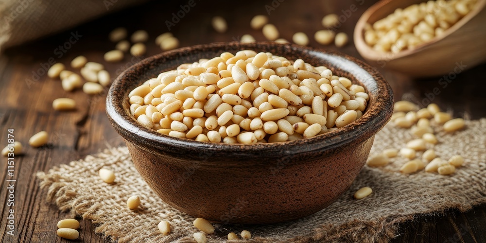 Poster pine nuts displayed in an earthenware bowl, with additional pine nuts scattered elegantly across the