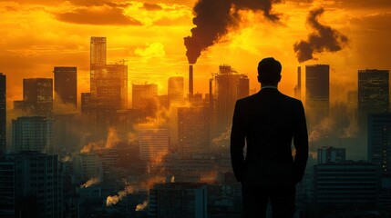 Businessman Observing Cityscape with Industrial Pollution at Sunset, Highlighting Environmental Concerns and Urban Development