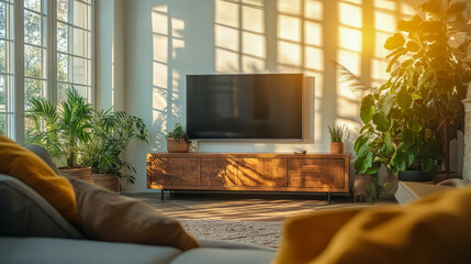 Cozy sunlit living room with modern tv and abundant indoor plants