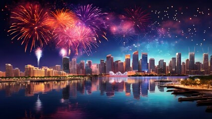 Fireworks to celebrate the New Year, Countdown Created with Generative AI technology.