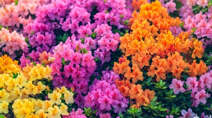 Fototapeta premium Colorful azalea flowers bloom in spring, showcasing their vibrant hues. The vibrant azalea flowers create a lively atmosphere, making spring a beautiful season for nature lovers.