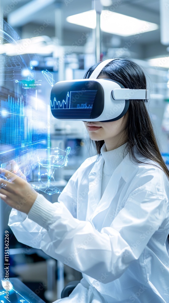 Poster a researcher using a virtual reality headset to analyze 3d patient history data in a laboratory envi